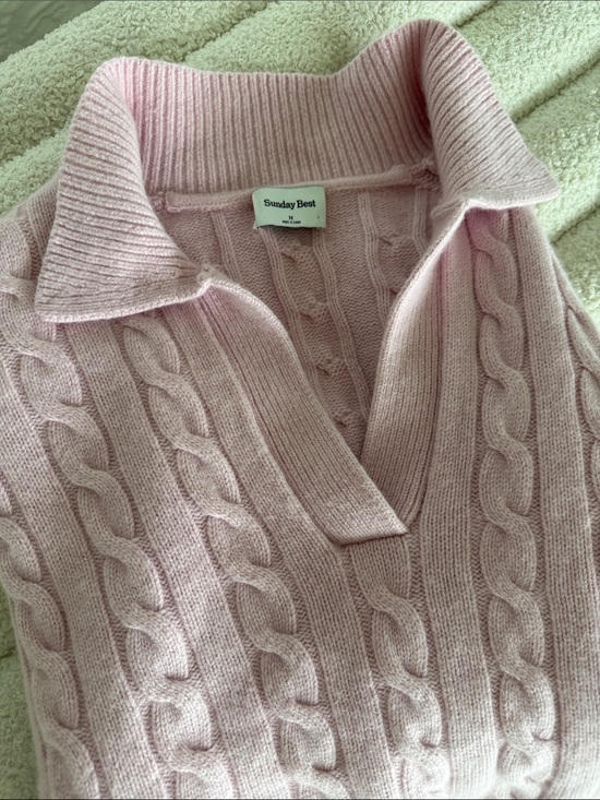 Sunday Best Sweaters - Sunday Best Pale Pink Cable-Knit V-Neck Collared Sweater